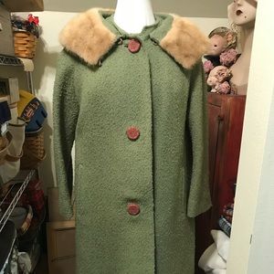 Vintage Green Tweed Fur Collar Jacket Coat 3/4 Sleeve